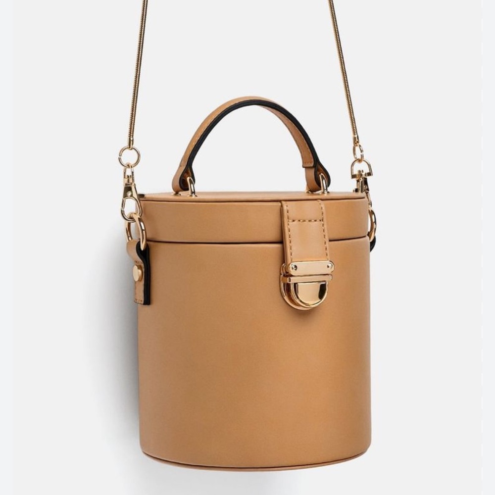 ZARA Elegant Tan Cylinder bucket style camel Handbag